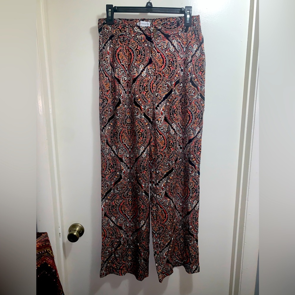 Liz Claiborne Wide Leg Pants Women Size 4 Multicolor Paisley Pockets